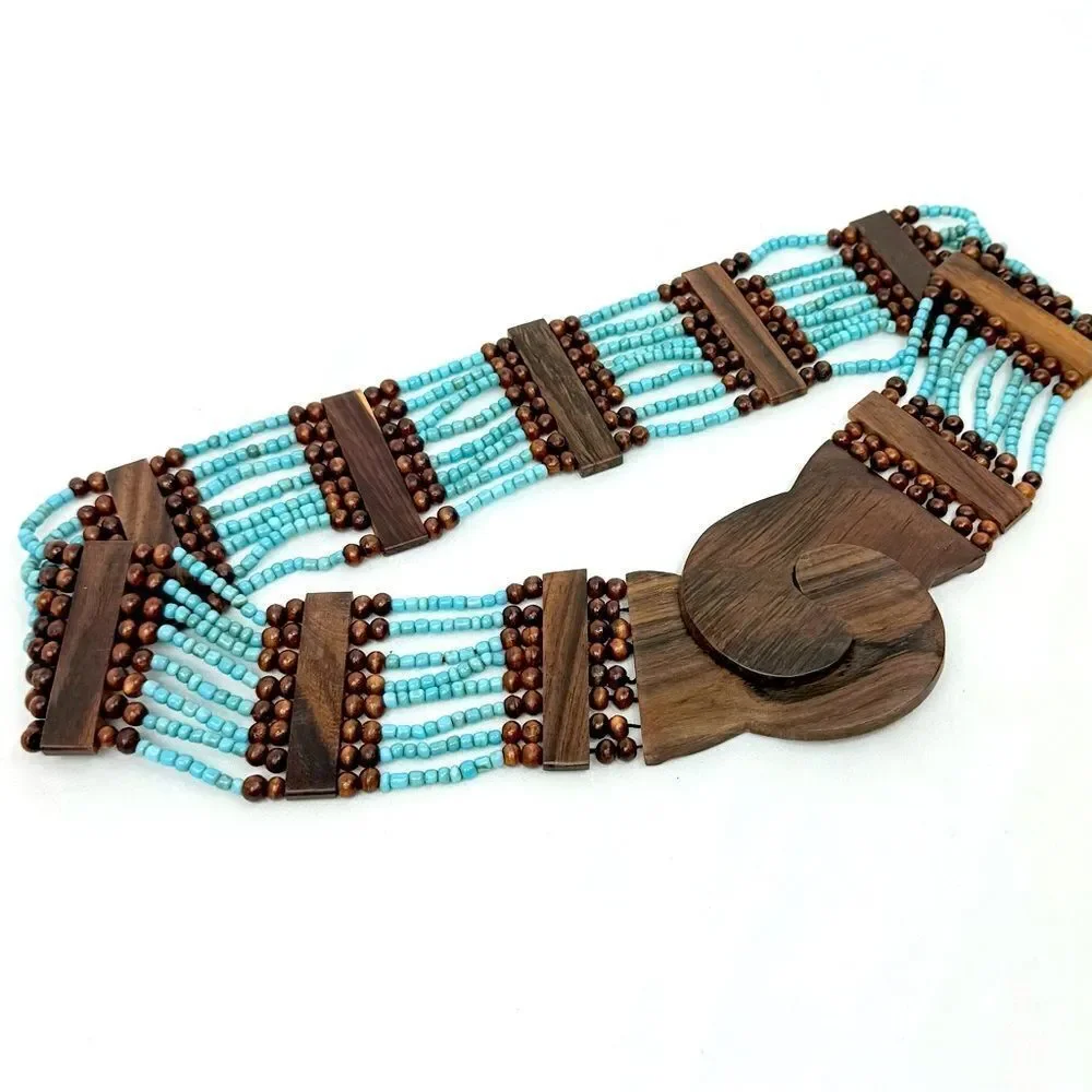 Boutique Dark Wood and Turquoise Color Beaded Boho Coastal Stretch Belt